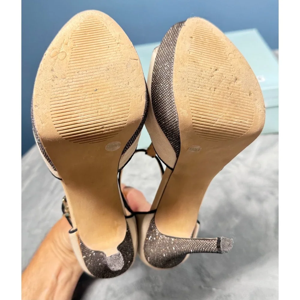 Jessica Simpson Bansi Heels Womens 6.5 Bone Platform T-Strap Sandals Glitter
